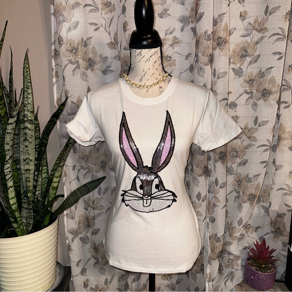 White T-Shirt with Cartoon Bunny Design